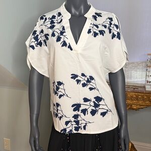 SHEIN White and Blue Graphic Blouse with Mandarin Collar